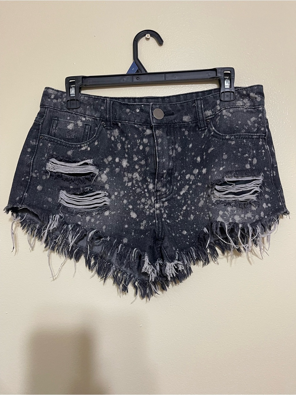 High-Rise Distressed Black Speckle Denim Shorts